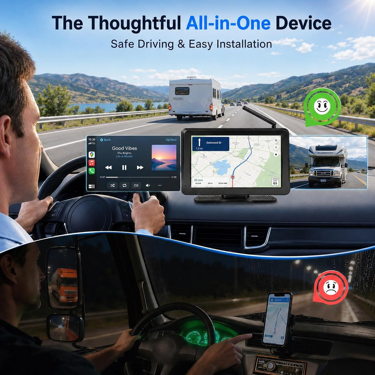 Wireless Backup Camera CarPlay Android Auto 7" Solar Magnetic RV Truck Trailer