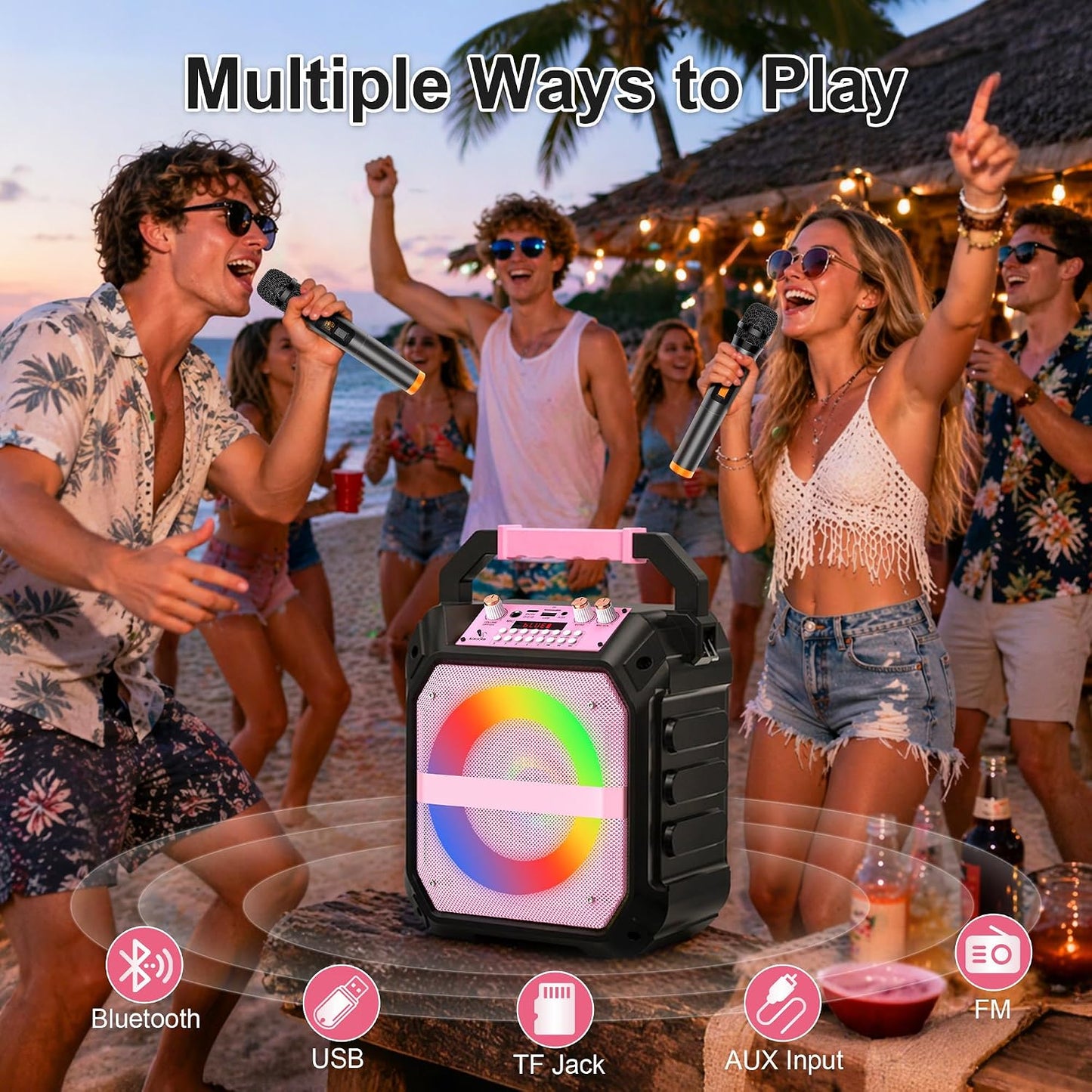 60W Karaoke Machine Wireless Microphones Bluetooth PA Speaker Pink LED Lights