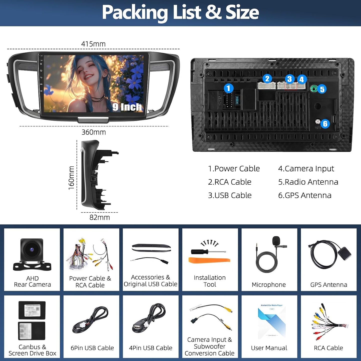 CAMECHO 9" Car Stereo 4GB+64GB for Honda Accord 2016-2017 Wireless CarPlay