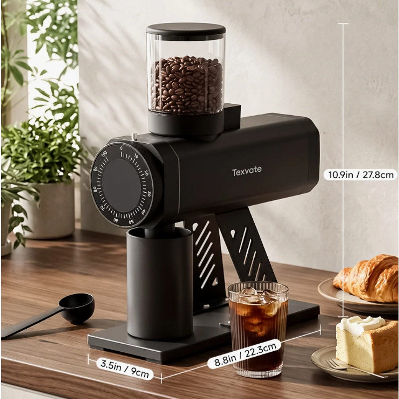 Texvate 64mm Flat Burr Coffee Grinder 100 Settings SUS420 Anti Static Black