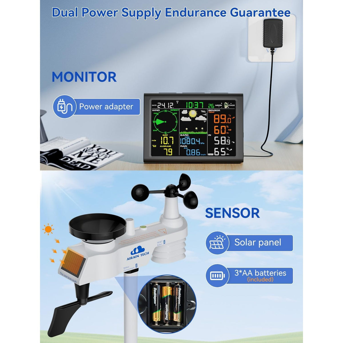 AIRAIN TECH A6 10-in-1 Wireless Weather Station Dual Display Rain Wind, no WiFi