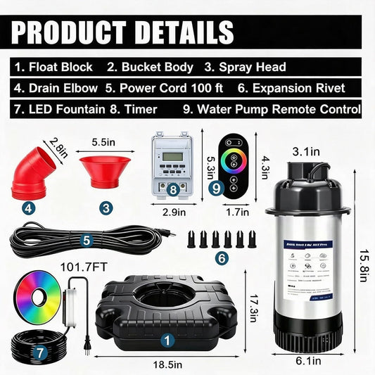 1HP 15000 GPH Pond Fountain Aerator RGB Lights 750W 110V 100FT Cord Timer