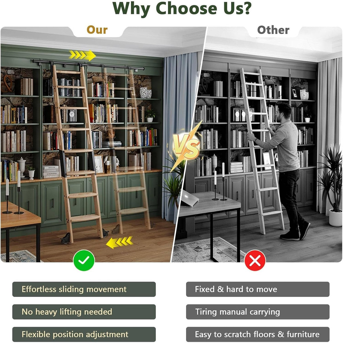 10FT Rolling Library Ladder 9 Step Solid Wood 4FT Sliding Track Handrail