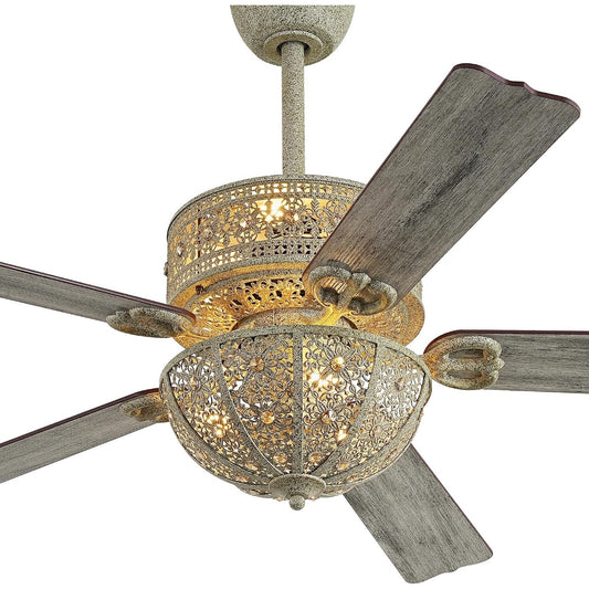 52" Antique Champagne Patina Crystal Chandelier Ceiling Fan 5-Blade Remote