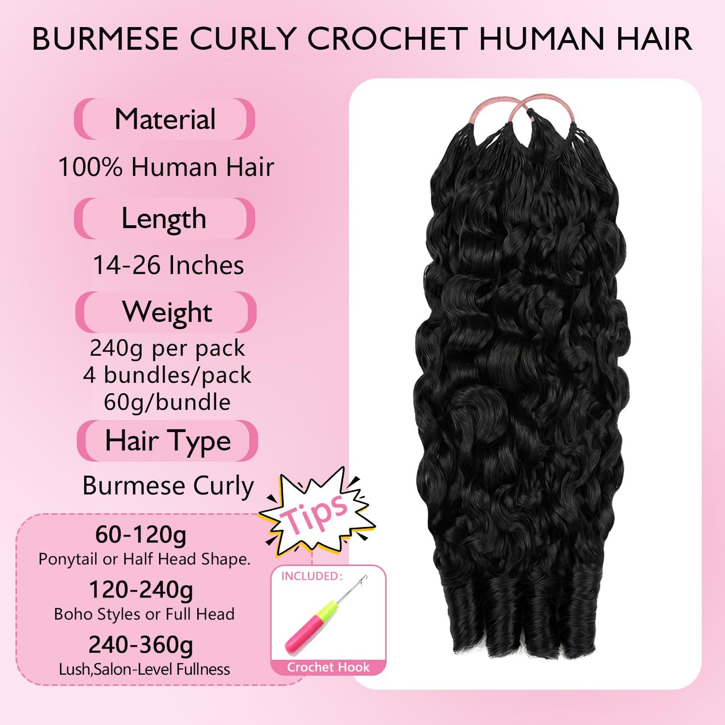 Burmese Curly Feather Crochet Human Hair 18 Inch 60g Knotless Natural Black