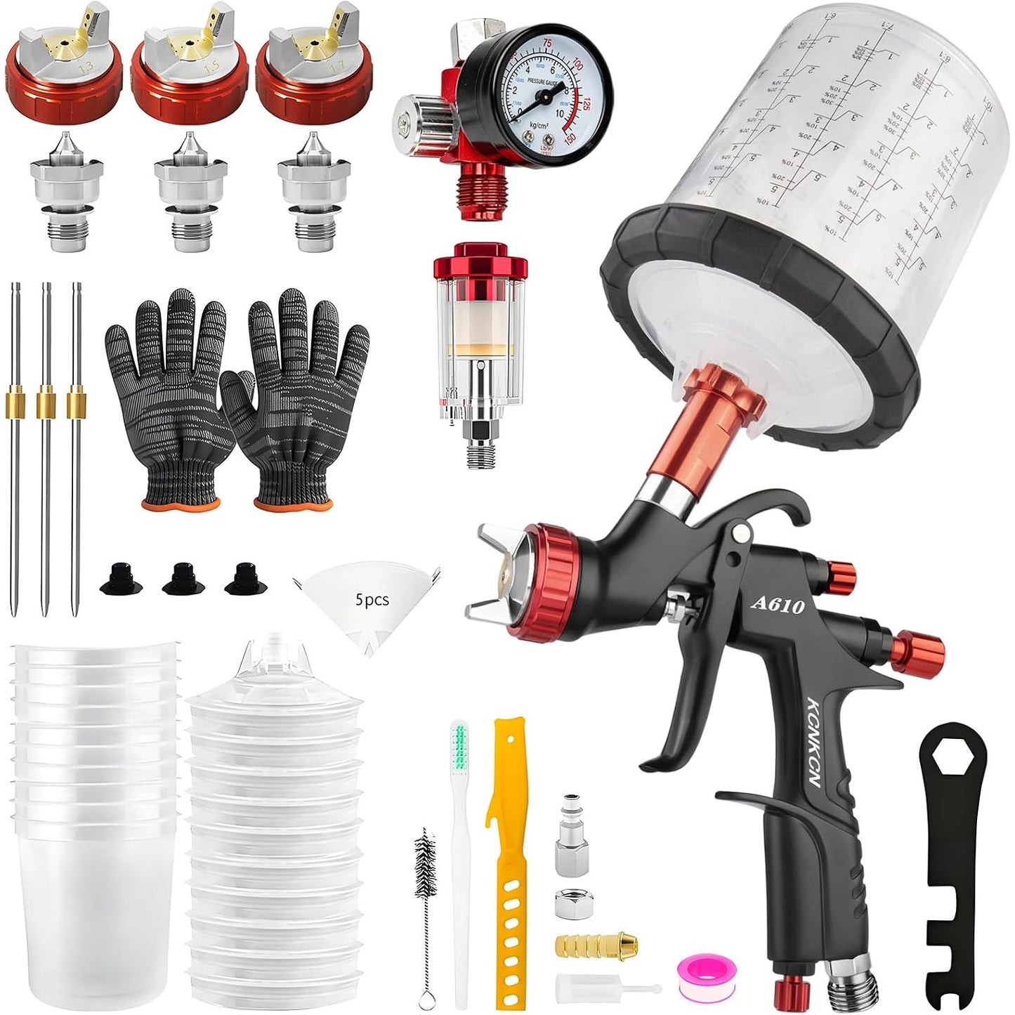 R500 A610 LVLP Spray Gun Kit Automotive Car Paint 1.3/1.5/1.7mm Nozzles 10 Cups