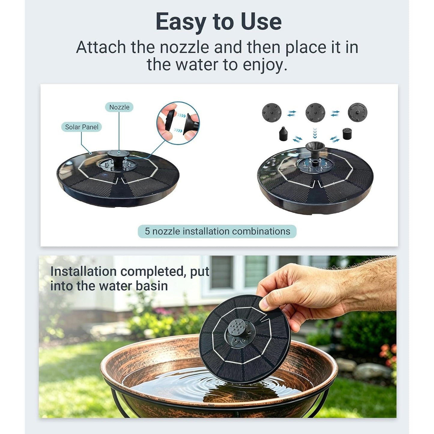 Solar Fountain Pump 6.3" Battery Backup LED Lights 9V 2W Floating Bird Bath 5 Nozzles