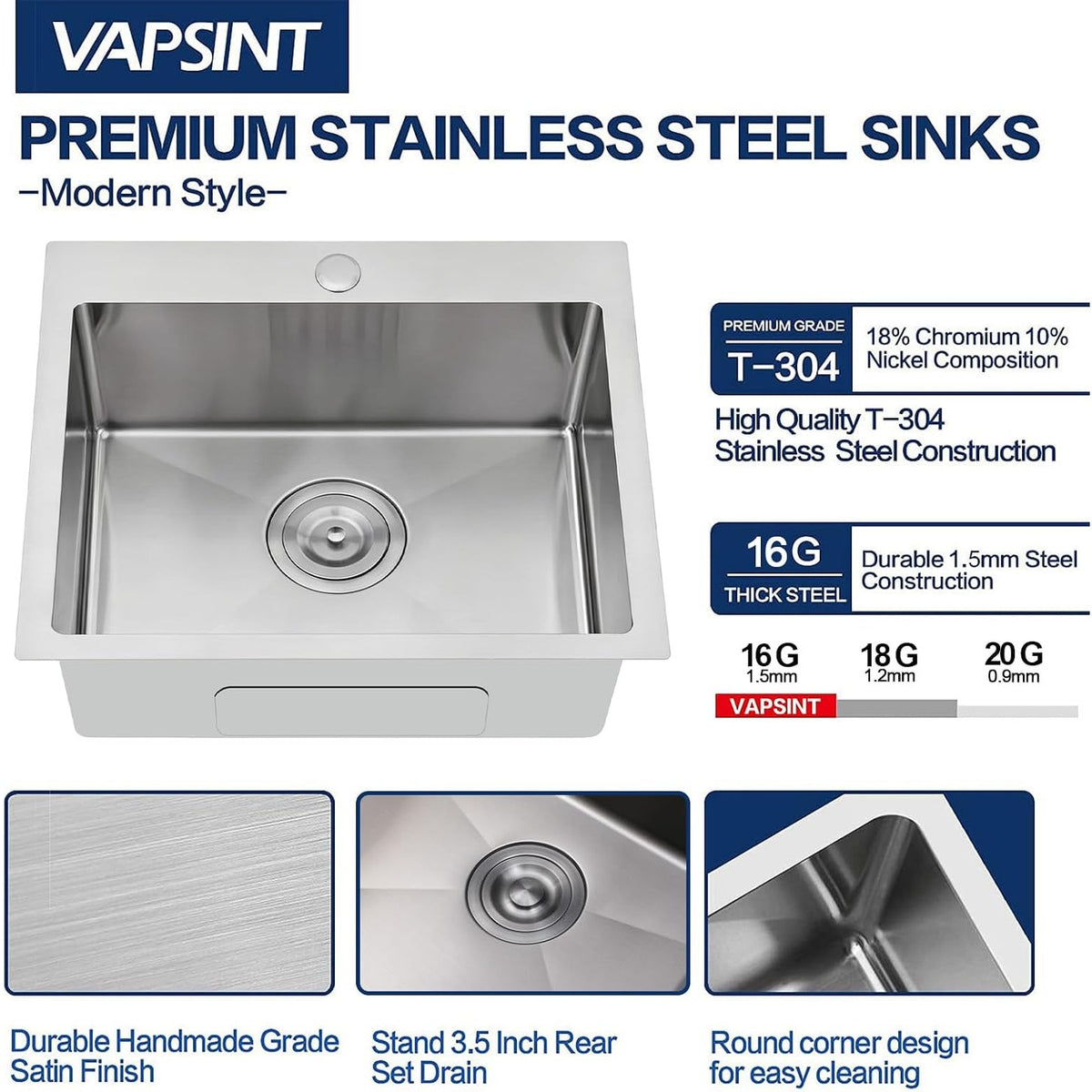 VAPSINT 20x16 Drop In Kitchen Bar Sink 16 Gauge T304 Stainless Brushed Nickel