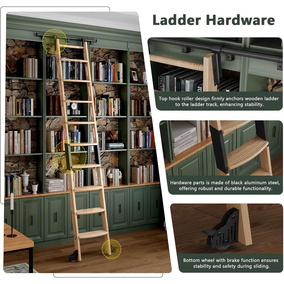 10FT Rolling Library Ladder 9 Step Solid Wood 4FT Sliding Track Handrail