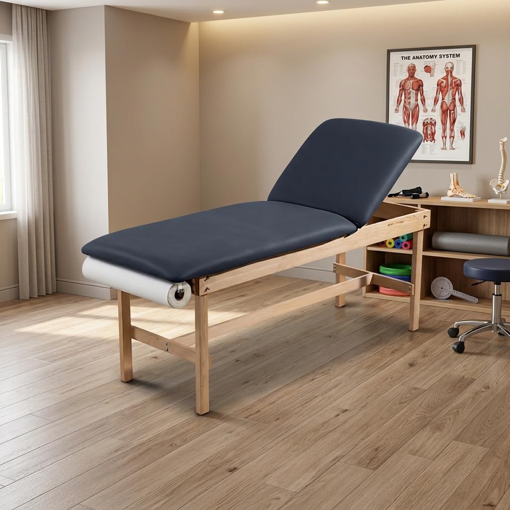 Wooden Medical Exam Table, Navy Blue Adjustable Backrest Paper Holder 27.5"
