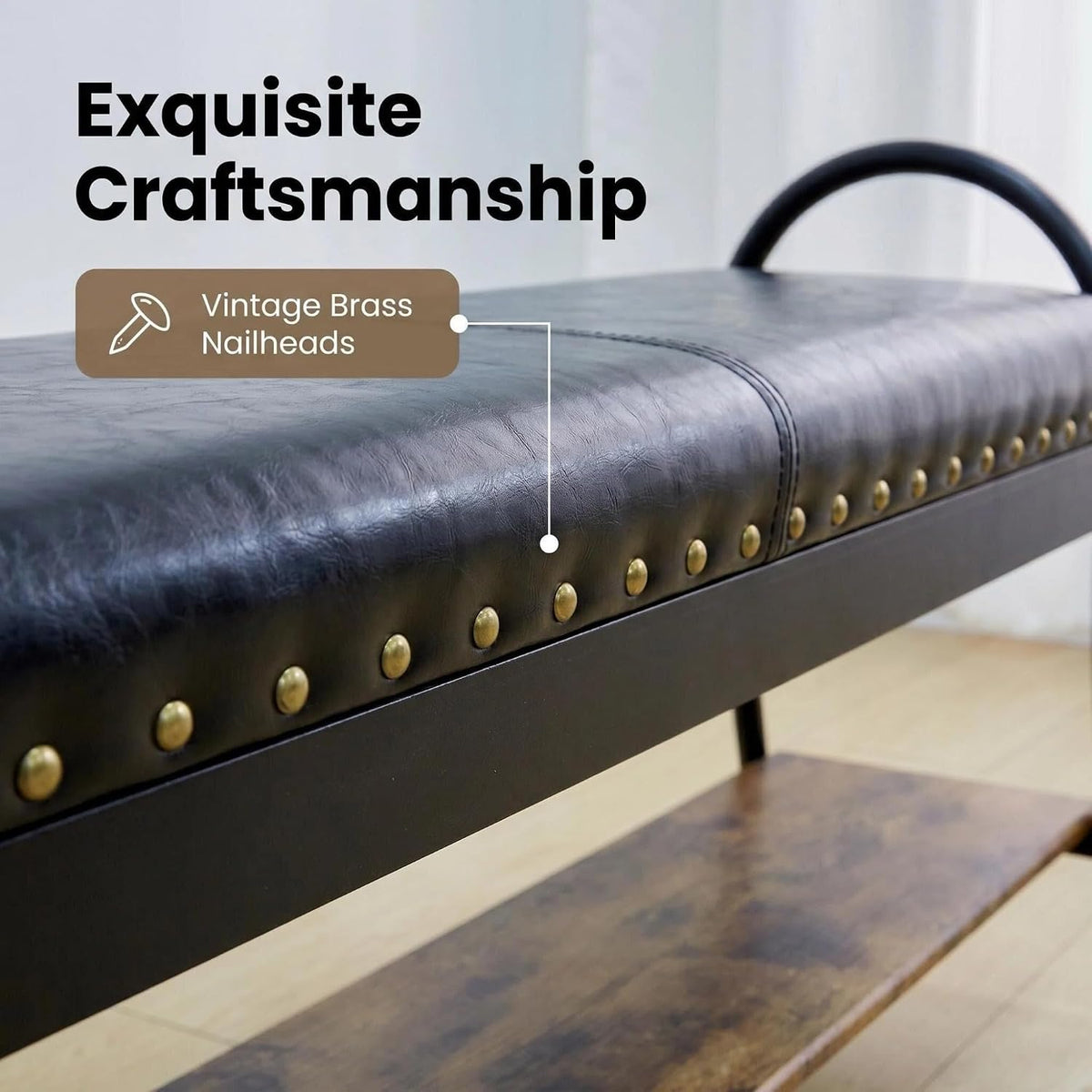 Forteek 39.4in Shoe Bench with Shelf Industrial Faux Leather Entryway Bench
