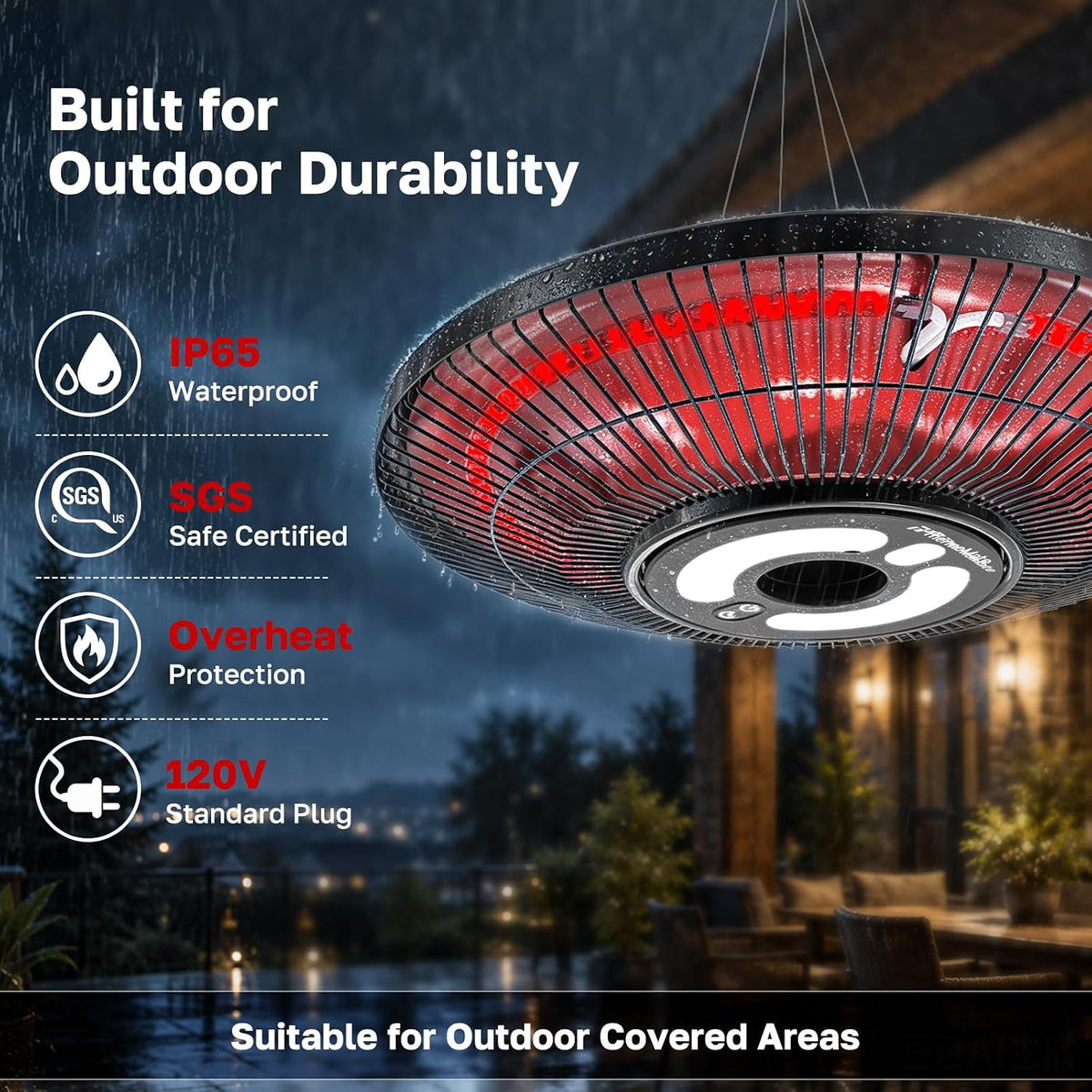 ThermoMate 1500W Hanging Patio Heater IP65 Infrared Ceiling Mount Black