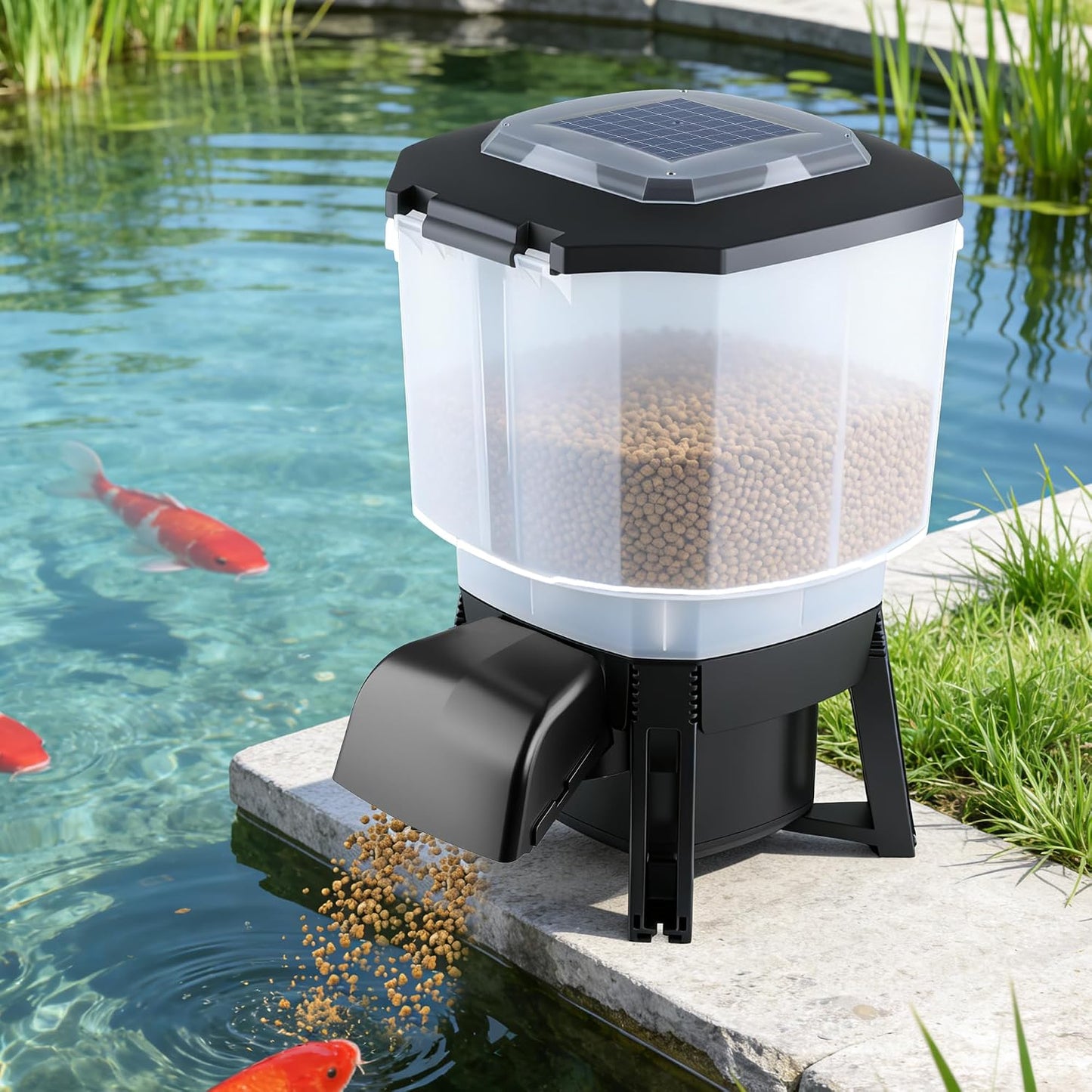 Solar Automatic Pond Fish Feeder 23L 6 Gallon Koi Timer Battery AC Outdoor
