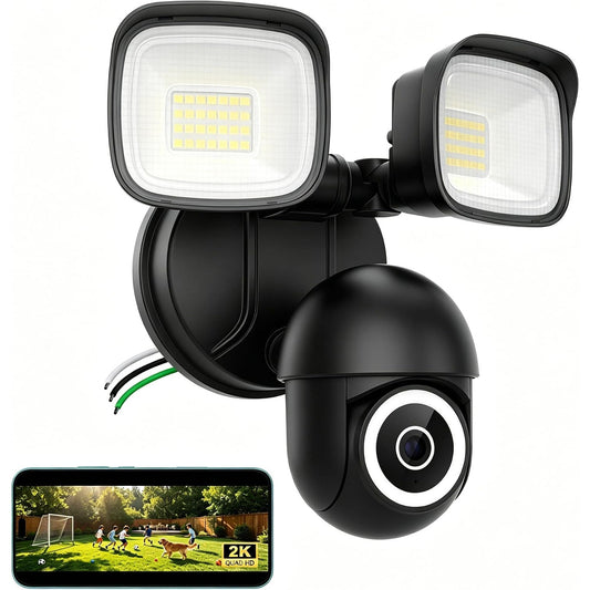 2K Floodlight Security Camera Hardwired 360 PTZ 3500LM Siren Color Night Vision