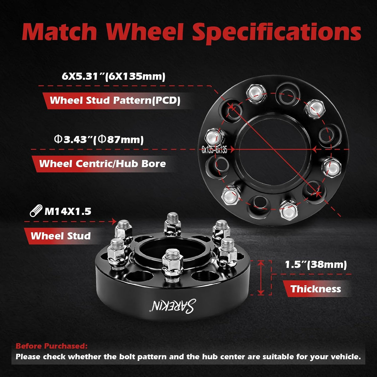 6x135 Hub Centric Wheel Spacers 1.5in M14x1.5 F150 Expedition Navigator 15-25
