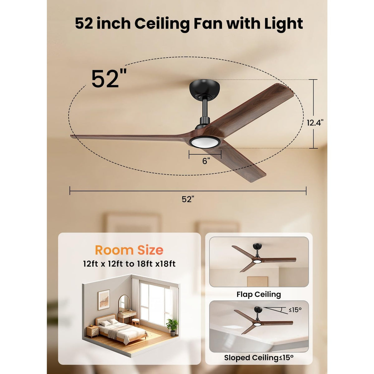 Mildear 52" Solid Wood Ceiling Fan Light Remote Dark Walnut DC Motor 6 Speed