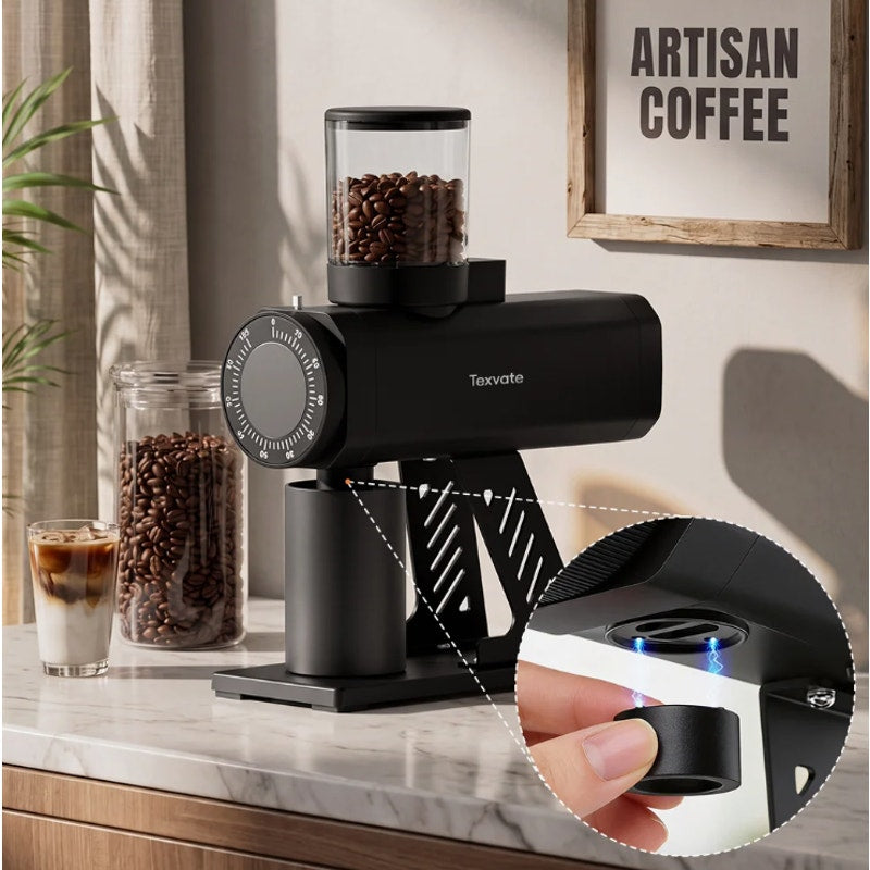 Texvate 64mm Flat Burr Coffee Grinder 100 Settings SUS420 Anti Static Black