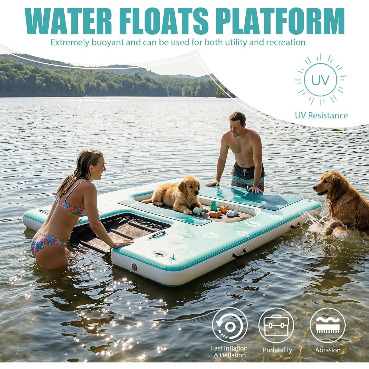 VEBESYET 8x6FT Inflatable Floating Dock Dog Ramp Mesh Swim Platform 6in