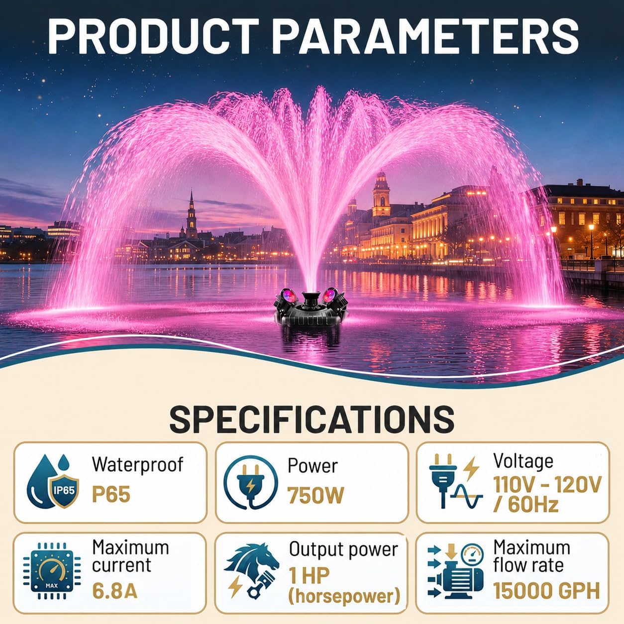 Floating Pond Fountain Aerator 1HP 750W 15000 GPH RGB Lights 100ft Cord Timer