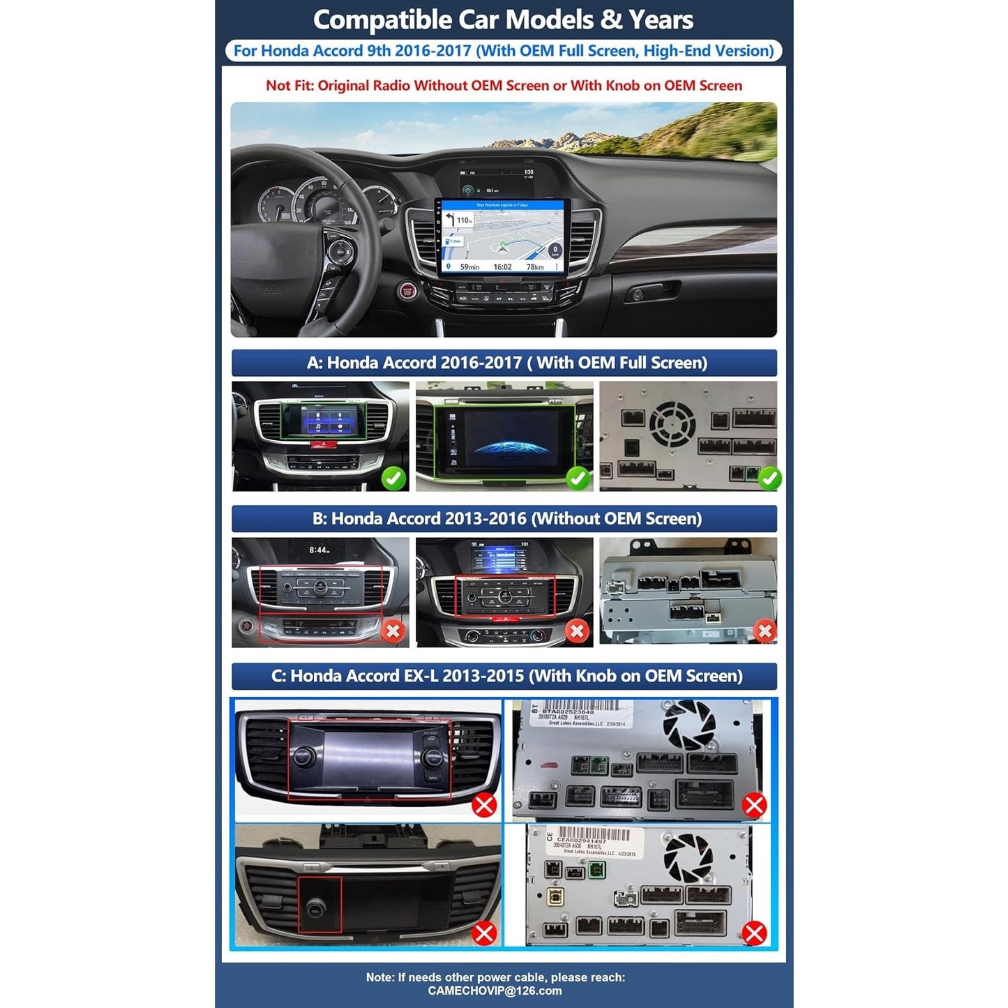 CAMECHO 9" Car Stereo 4GB+64GB for Honda Accord 2016-2017 Wireless CarPlay