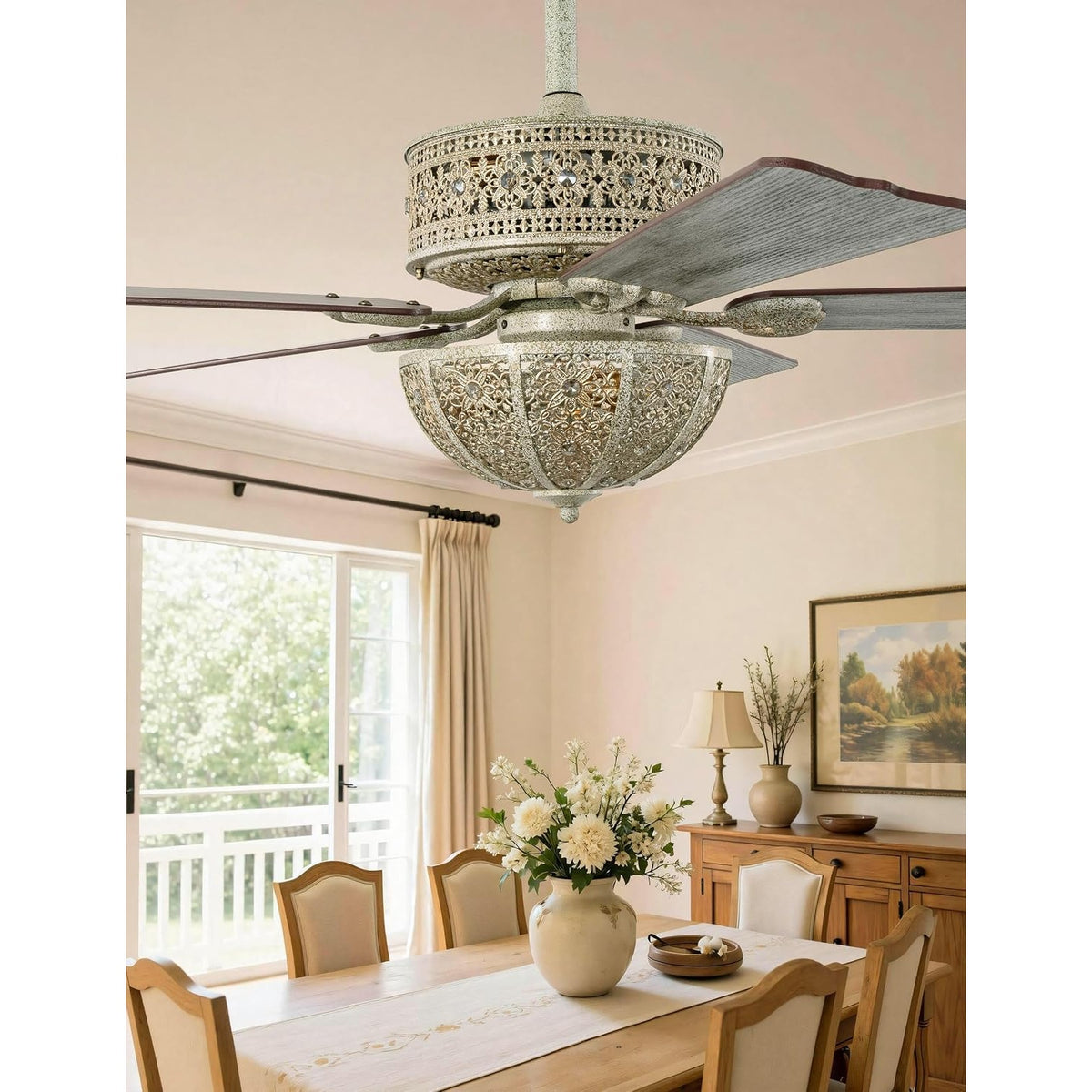 52" Antique Champagne Patina Crystal Chandelier Ceiling Fan 5-Blade Remote