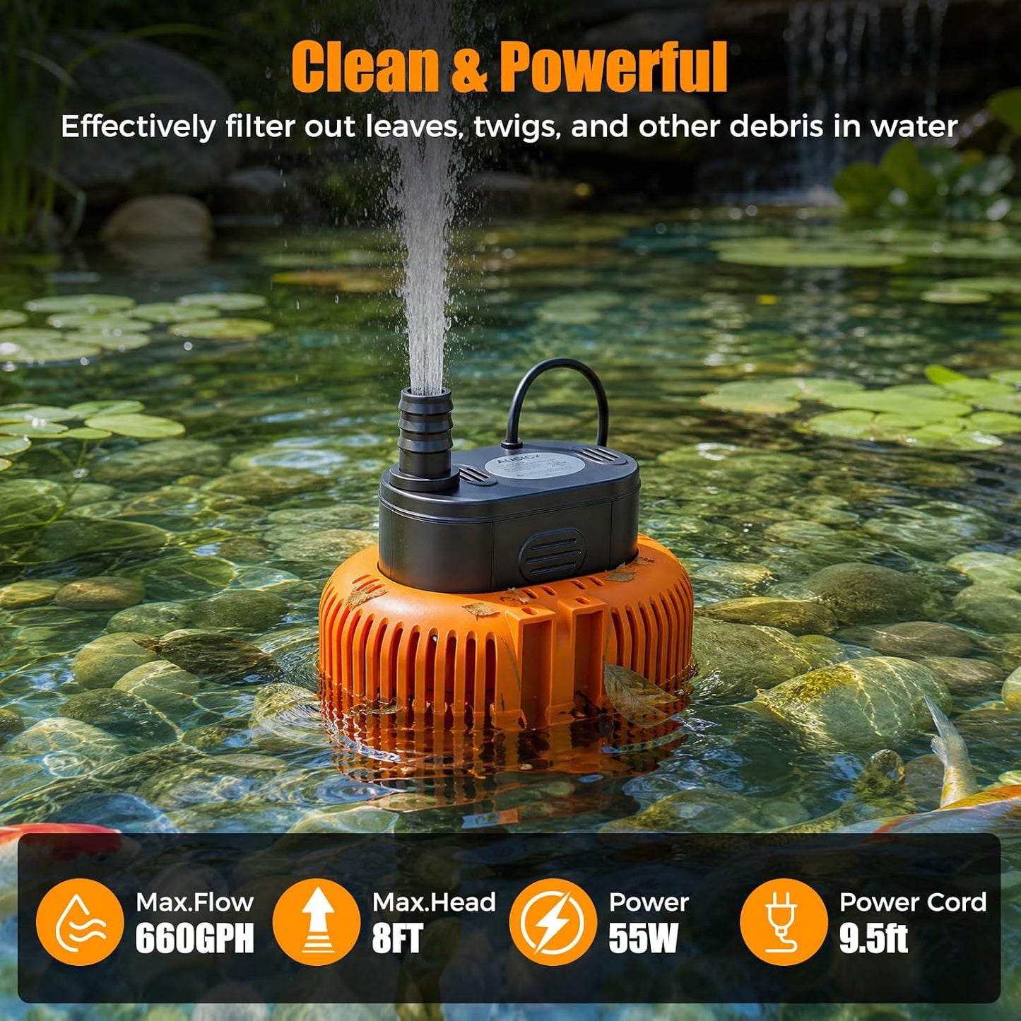 Pond Waterfall Spillway Kit 12" 304 Stainless Steel 660GPH Pump LED Lights