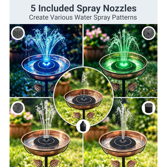 Solar Fountain Pump 6.3" Battery Backup LED Lights 9V 2W Floating Bird Bath 5 Nozzles