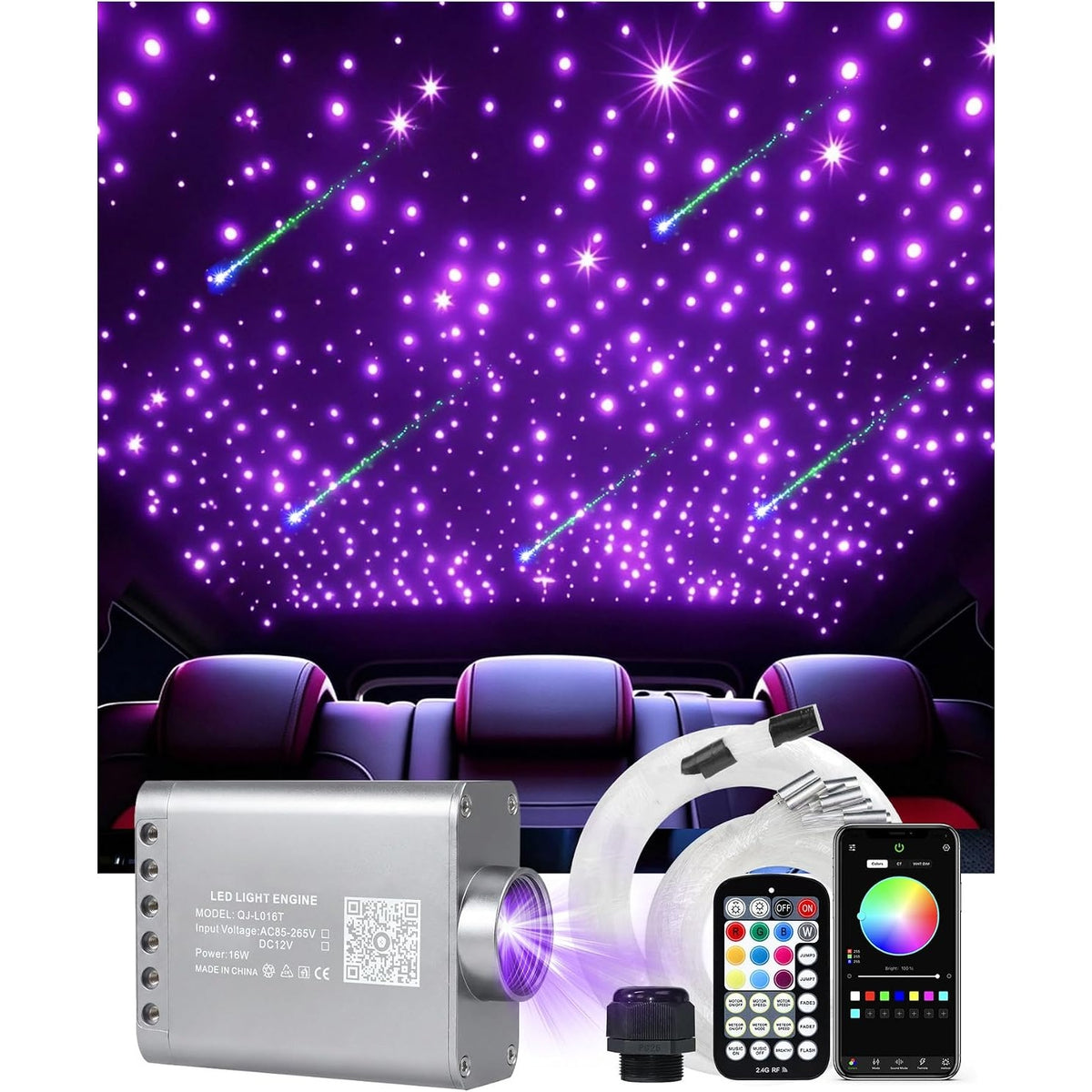 WEBUPAR 450pc Fiber Optic Starlight Headliner 16W RGBW Twinkle Meteor APP