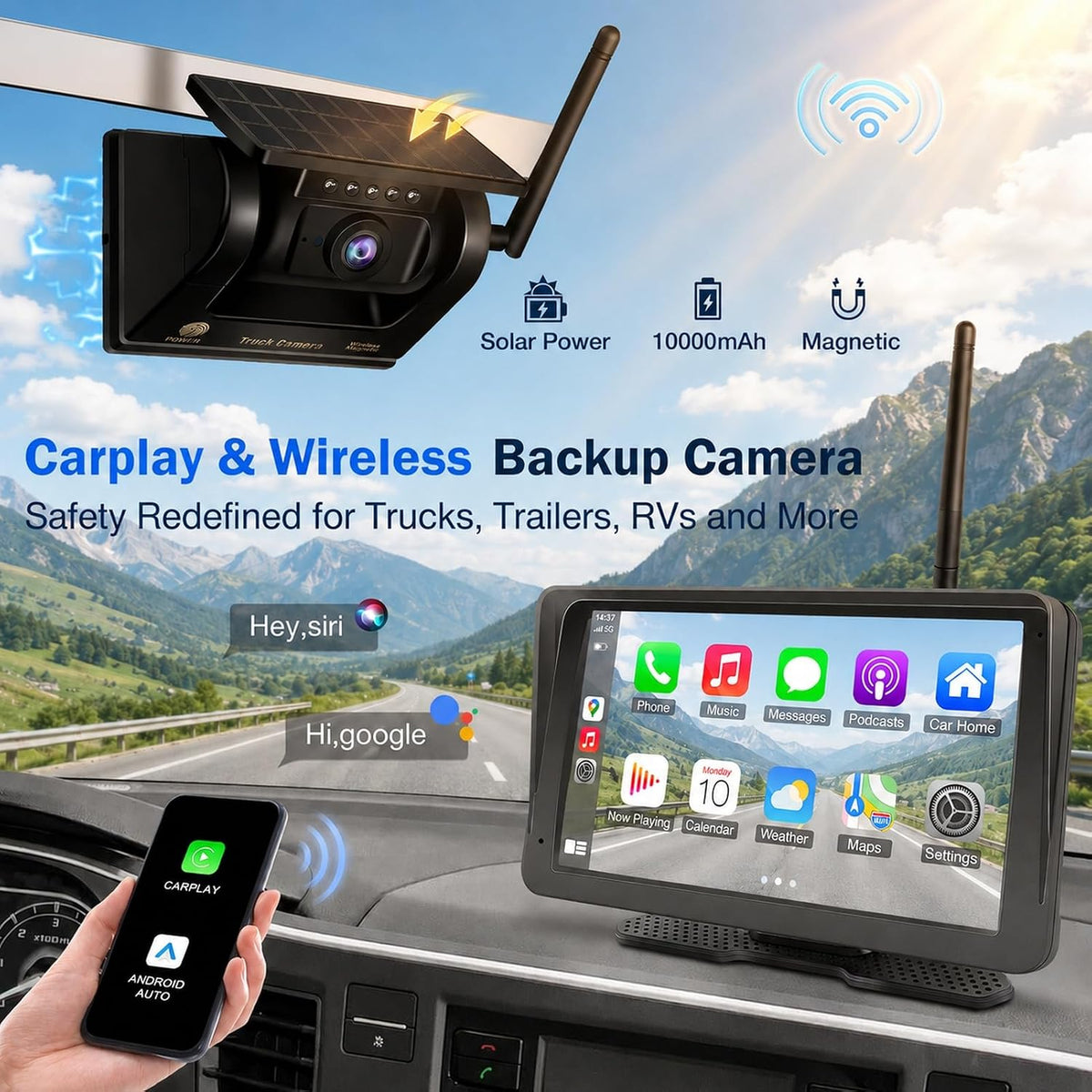 Wireless Backup Camera CarPlay Android Auto 7" Solar Magnetic RV Truck Trailer