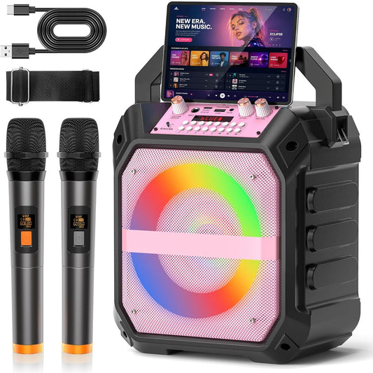 60W Karaoke Machine Wireless Microphones Bluetooth PA Speaker Pink LED Lights