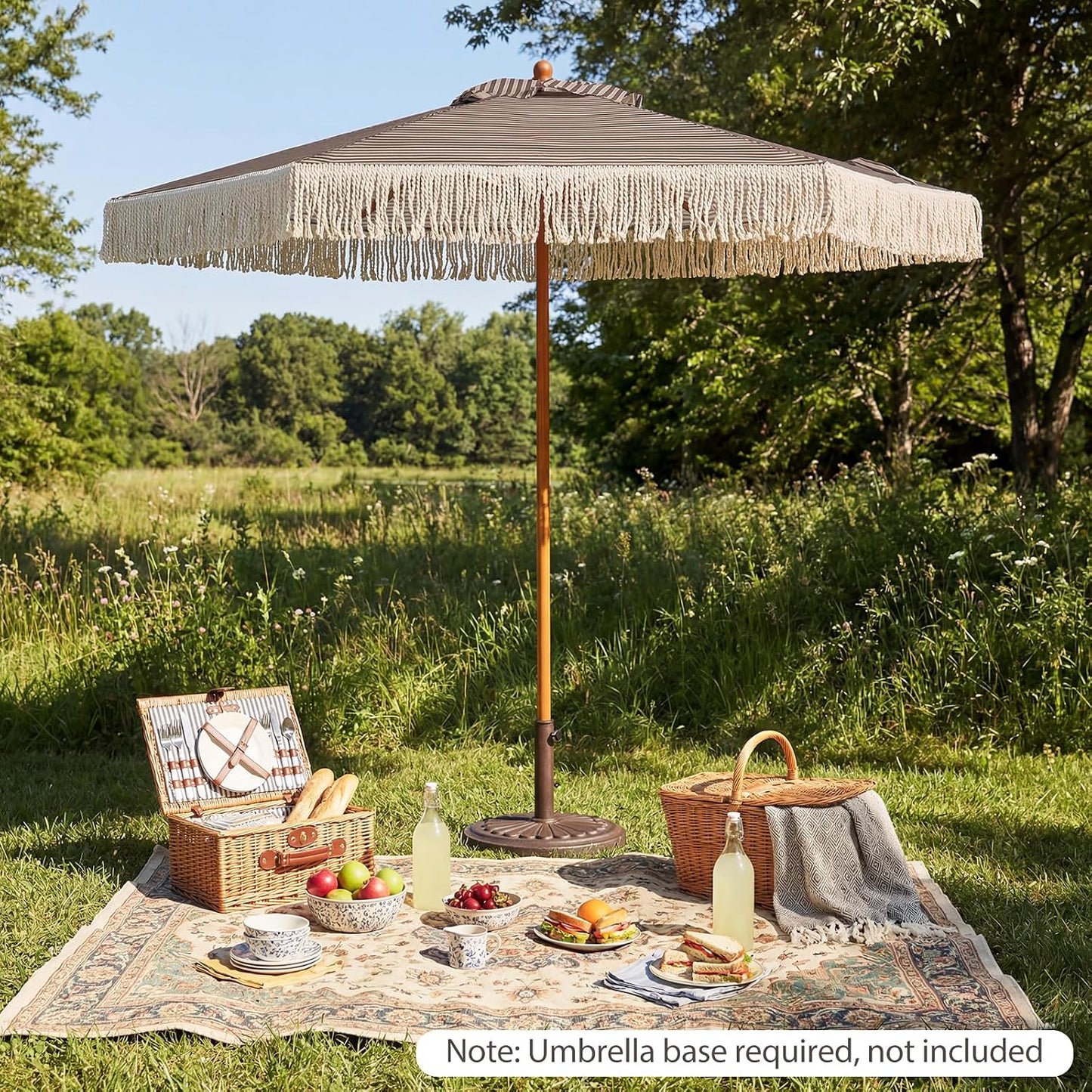 Tangkula 7 Ft Boho Patio Umbrella with Fringe 2 Tier Wood Grain Pole Green/Tan