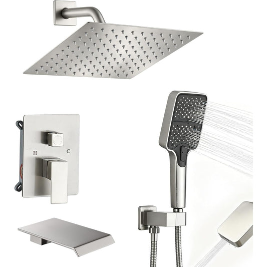 10" Rainfall Shower System Waterfall Tub Spout Handheld Spray Single Handle