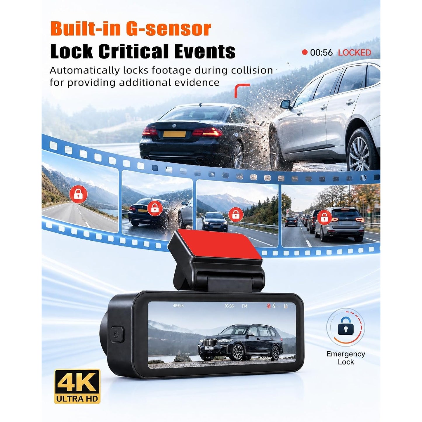 4K+2K Dual Dash Cam Front and Rear WiFi GPS ADAS Night Vision Parking Monitor