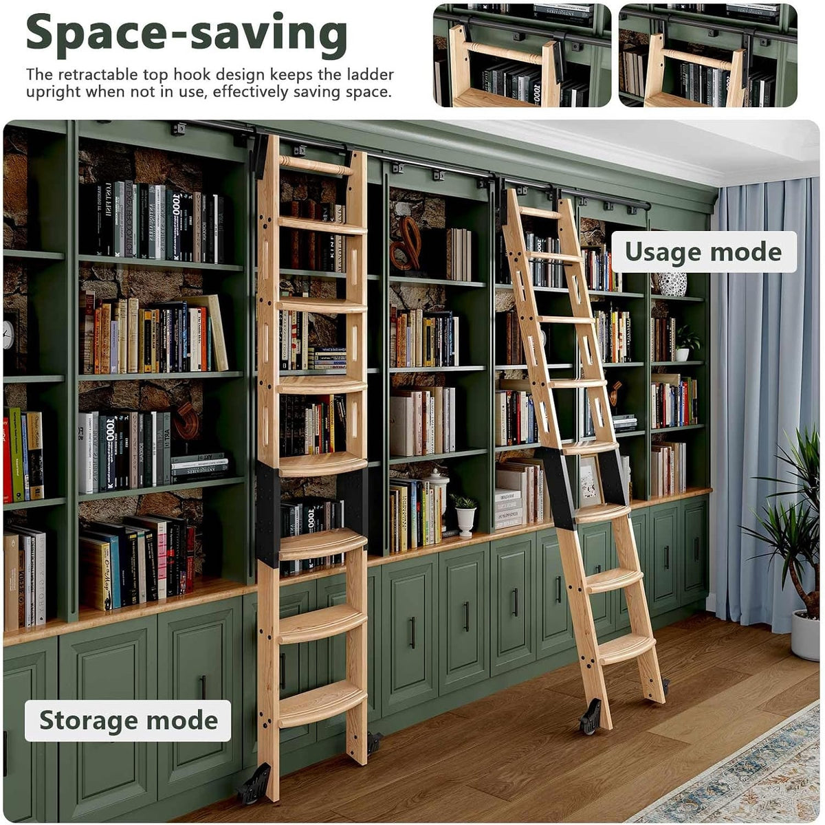 10FT Rolling Library Ladder 9 Step Solid Wood 4FT Sliding Track Handrail