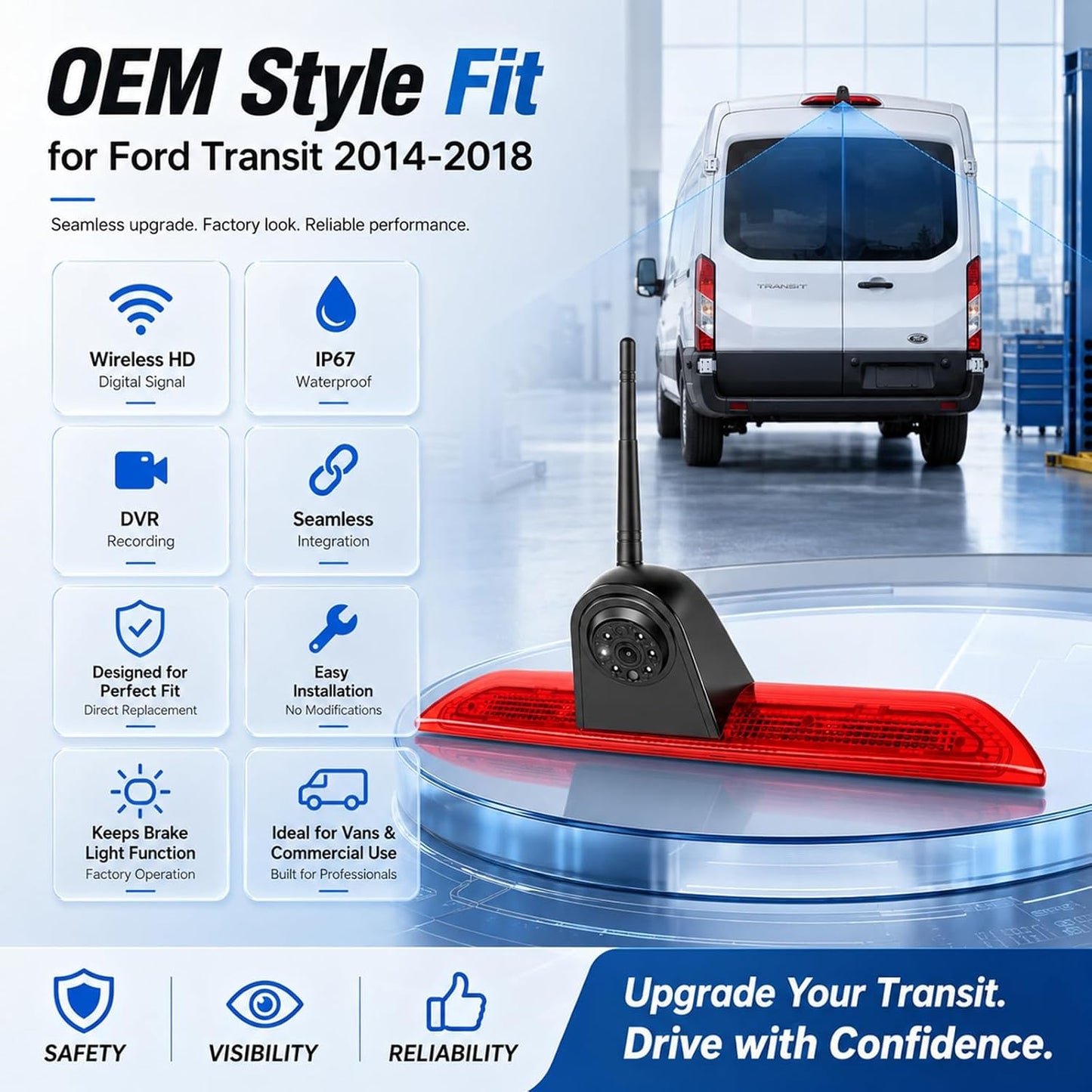 Ford Transit 2014-2018 Wireless Backup Camera 3rd Brake Light 7" Monitor Kit