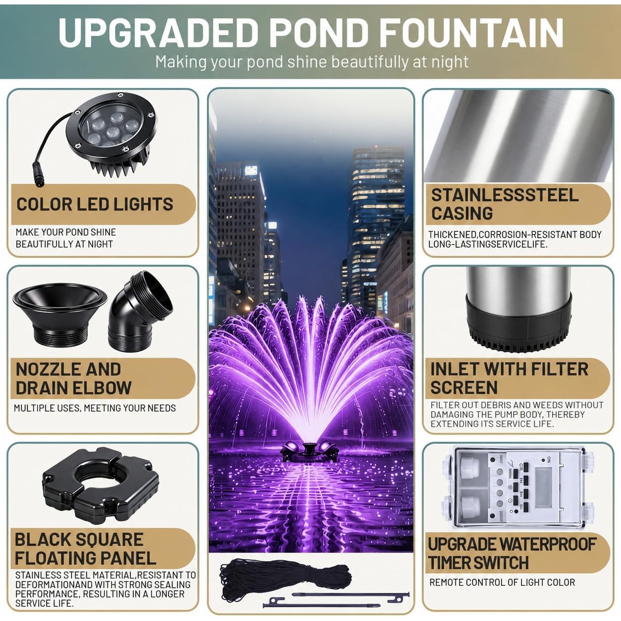 Floating Pond Fountain Aerator 1HP 750W 15000 GPH RGB Lights 100ft Cord Timer