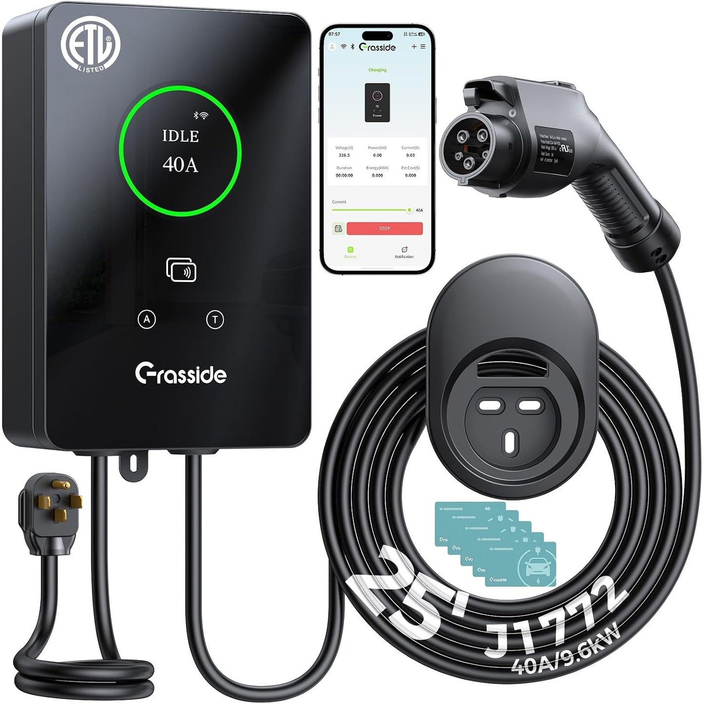 Level 2 EV Charger 40A 9.6kW NEMA 14-50 J1772 25FT WiFi RFID ETL Certified