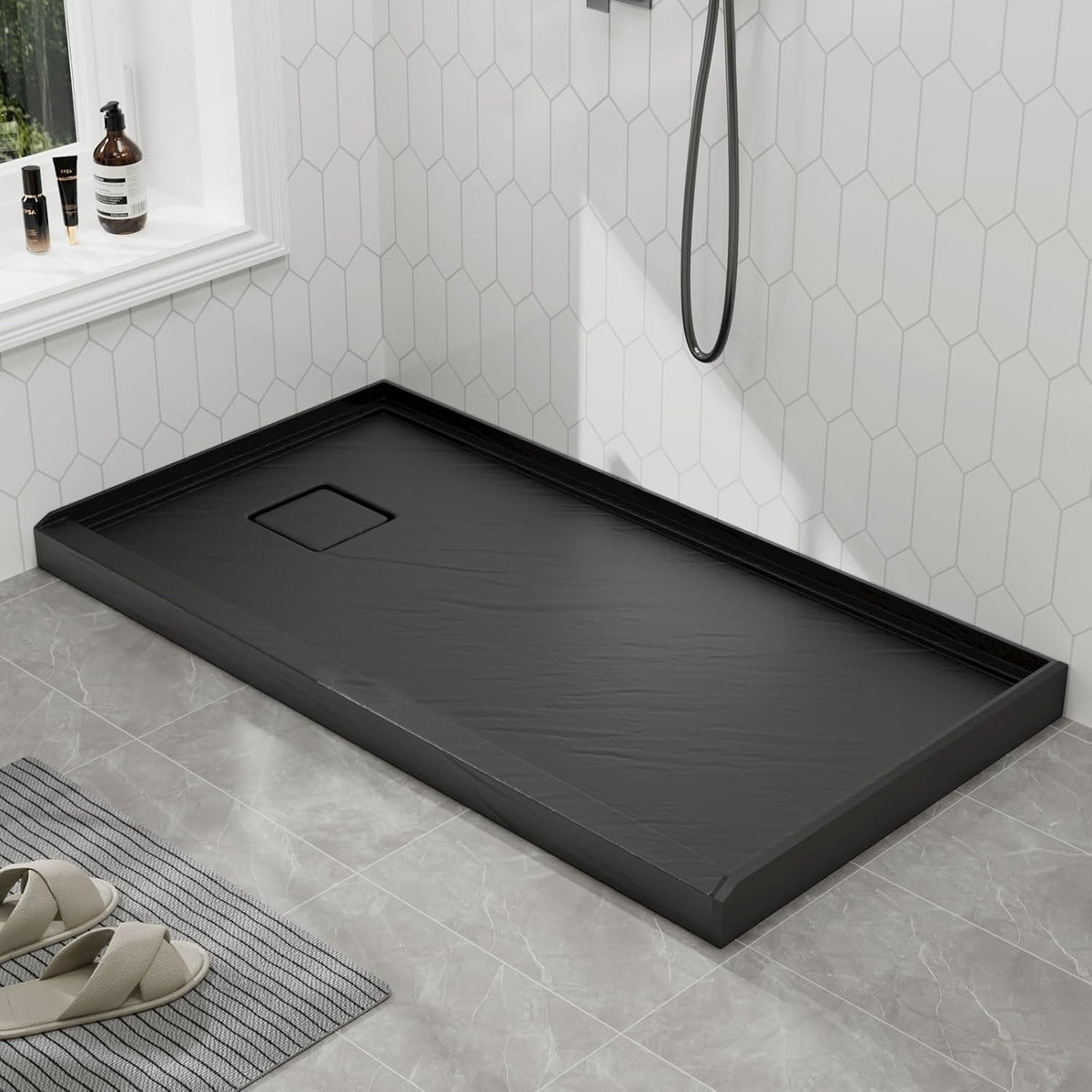 Mokleba 60x32 Shower Pan Left Drain Matte Black Acrylic Magnetic Cover