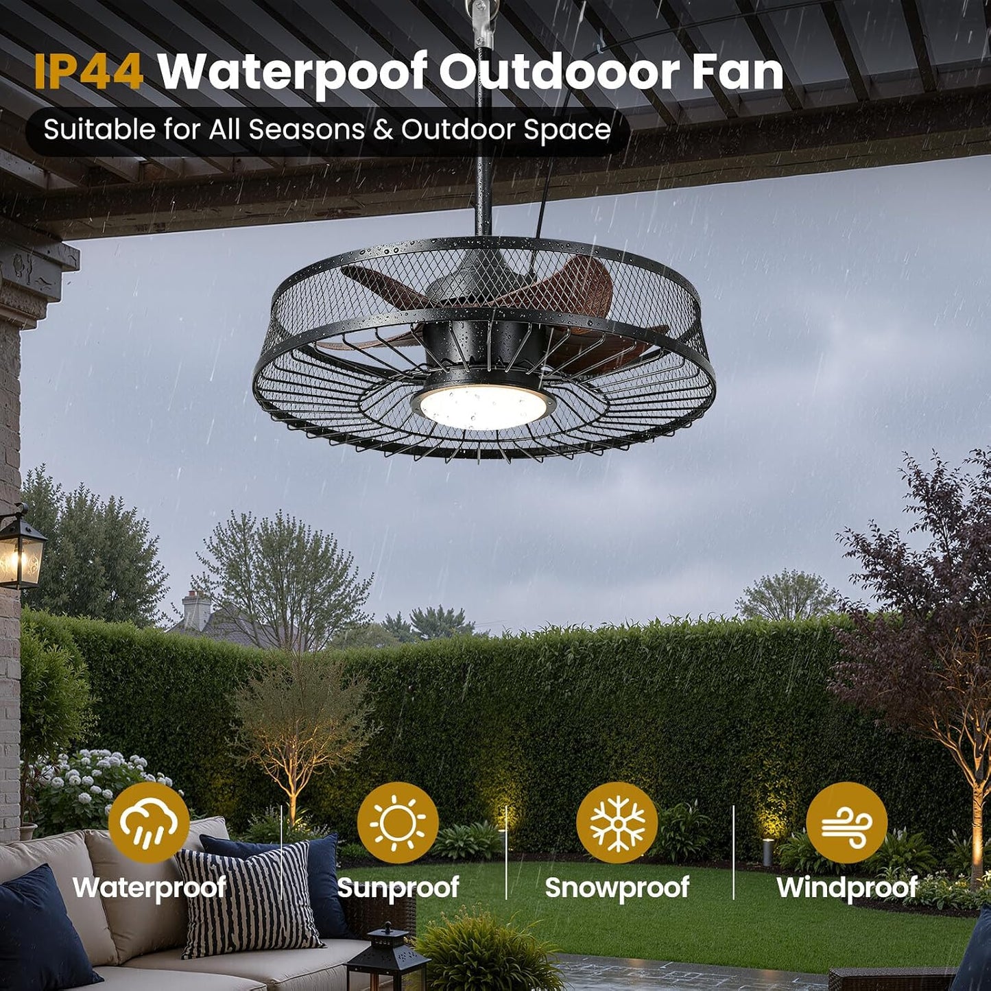 Linour 22 in Outdoor Ceiling Fan with Light Plug In Remote App Wet Rated