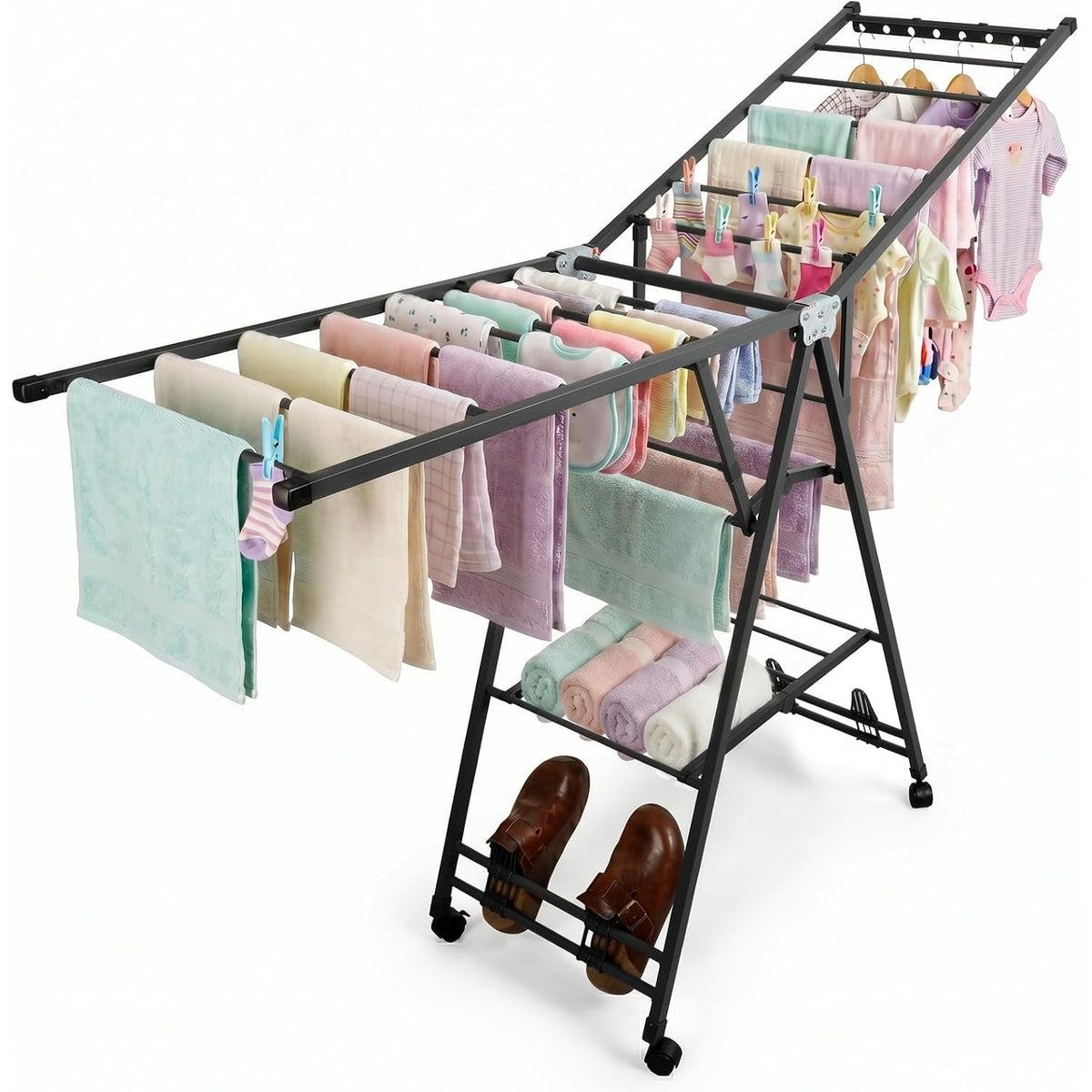 2-Tier Folding Clothes Drying Rack Metal Laundry Hanger Indoor Outdoor Portable