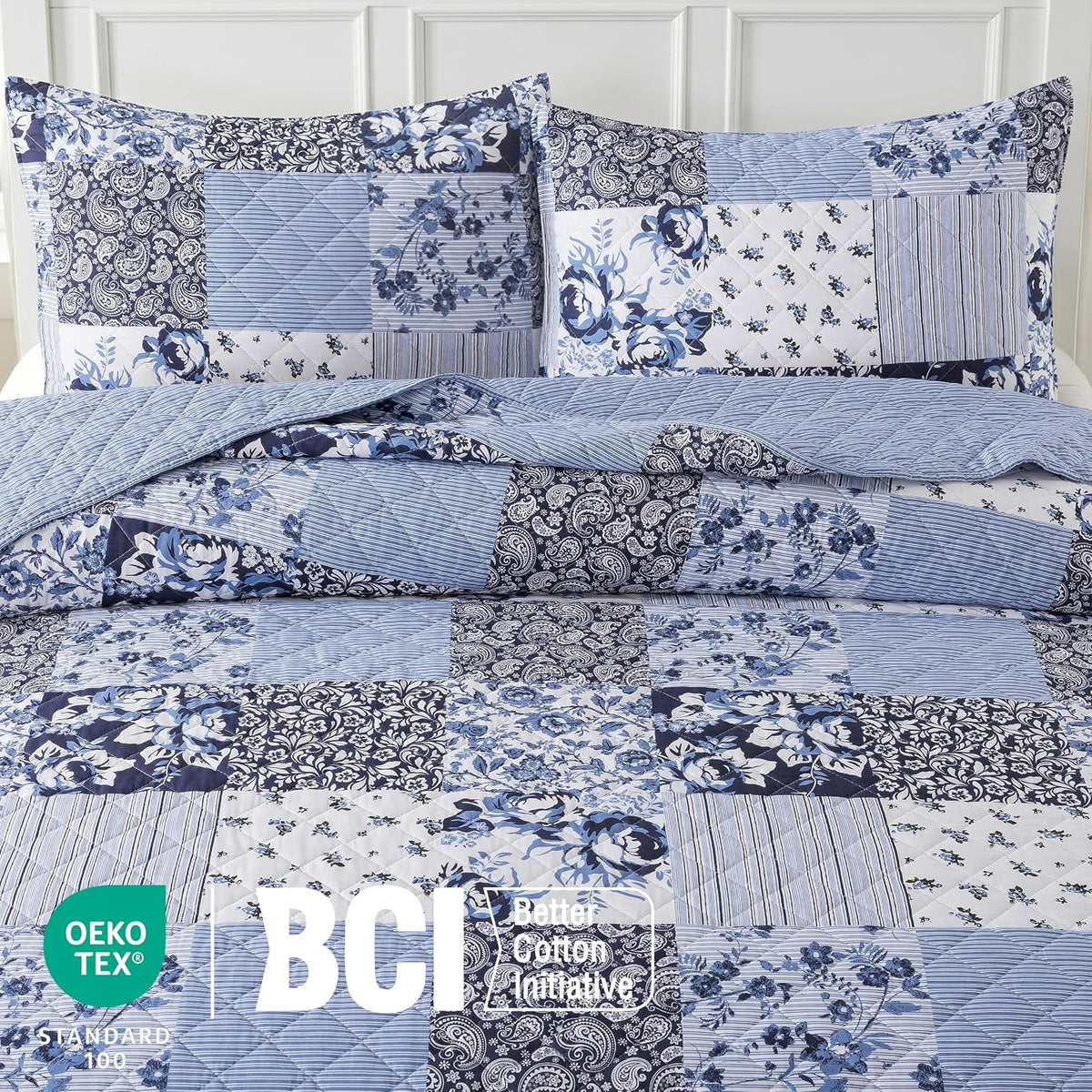 Palassio 100% Cotton Reversible Patchwork Quilt King Blue Grey Floral 3 Piece