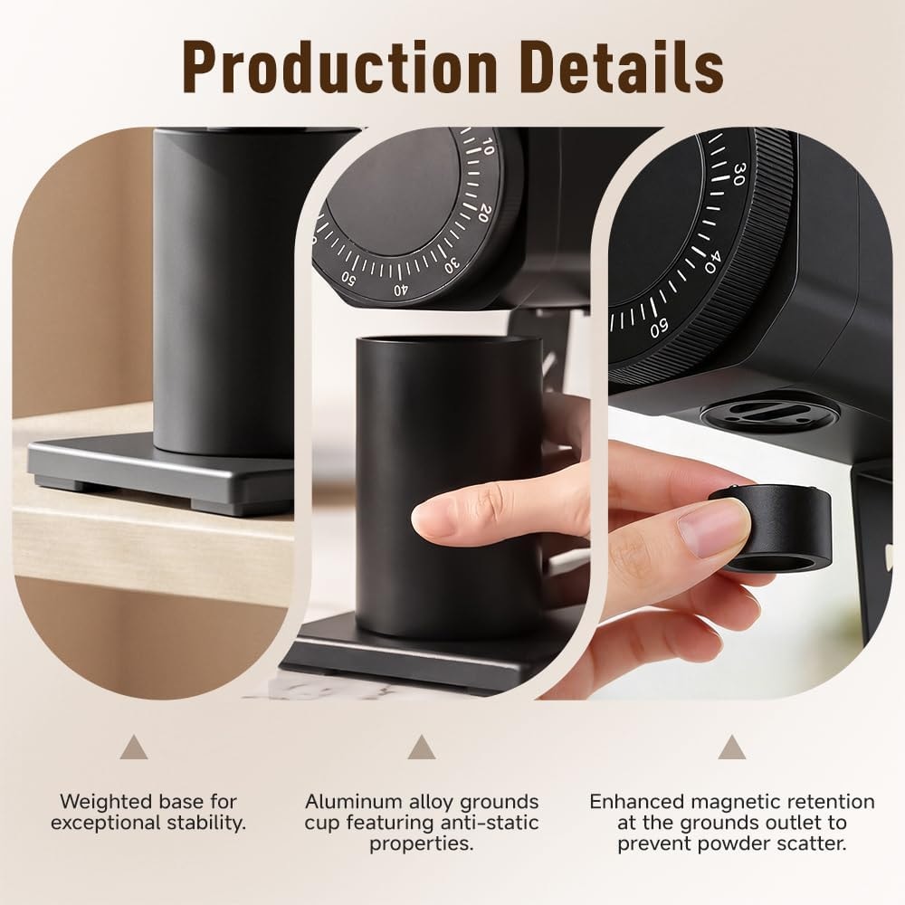 Texvate 64mm Flat Burr Coffee Grinder 100 Settings SUS420 Anti Static Black