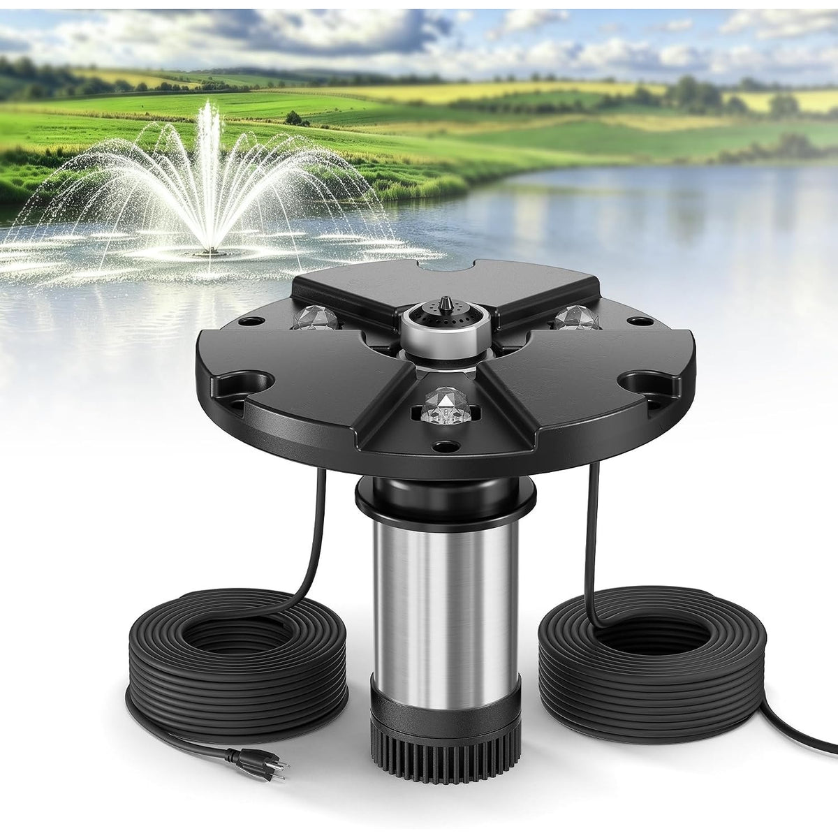 Ecospray 450W Floating Pond Fountain RGB LED 100ft Cord 4 Spray Nozzles