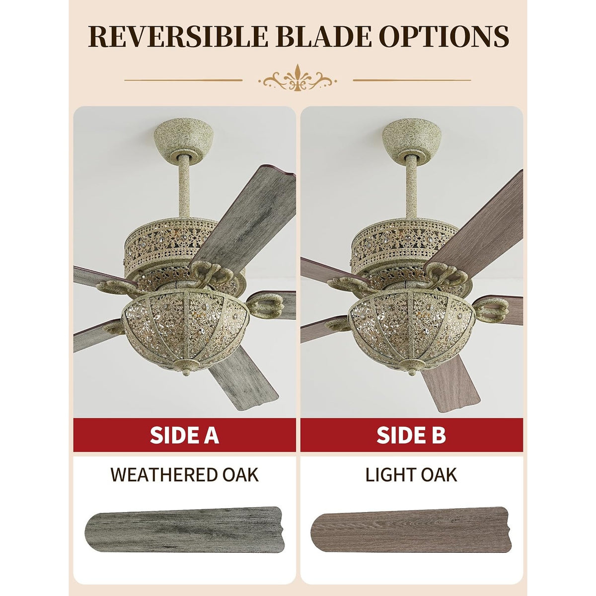 52" Antique Champagne Patina Crystal Chandelier Ceiling Fan 5-Blade Remote