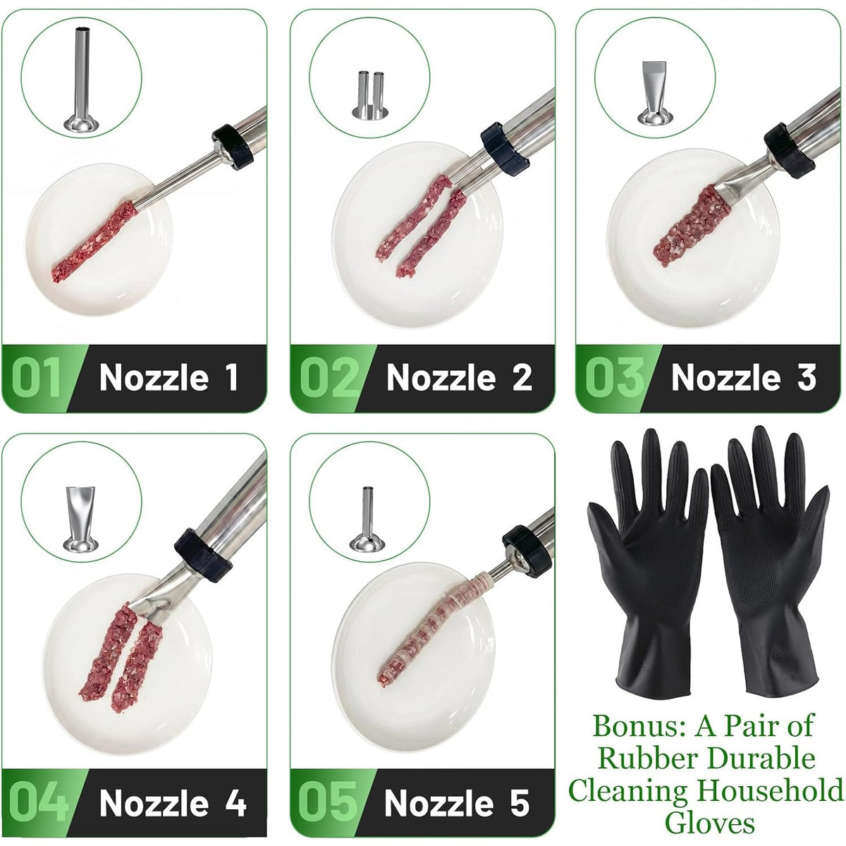 Stainless Steel Jerky Gun Kit Sausage Stuffer 5 Nozzles Meat Maker