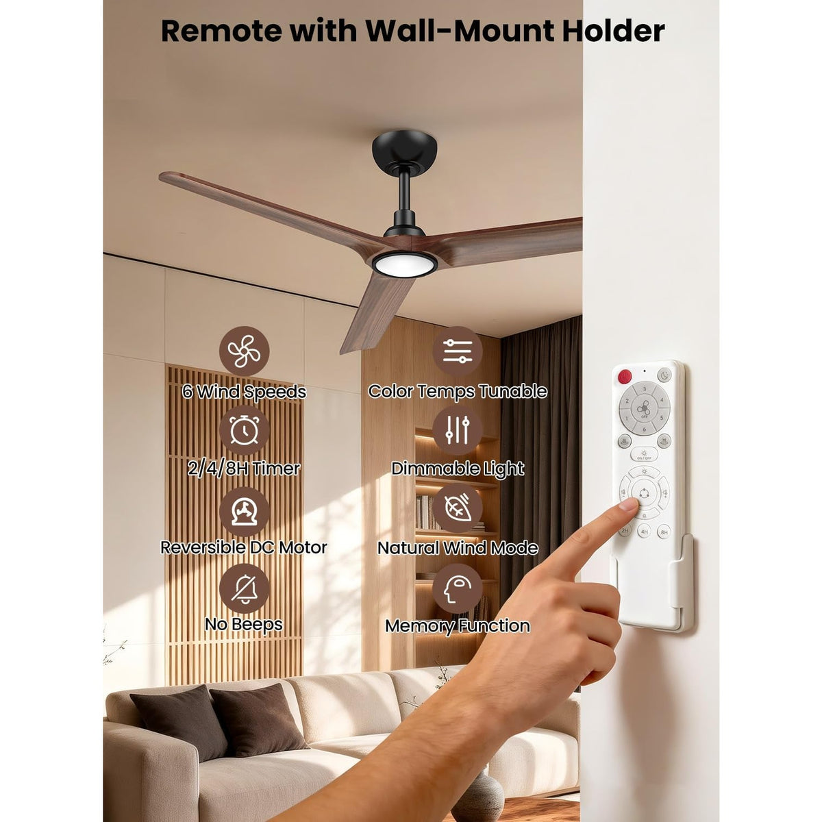 Mildear 52" Solid Wood Ceiling Fan Light Remote Dark Walnut DC Motor 6 Speed