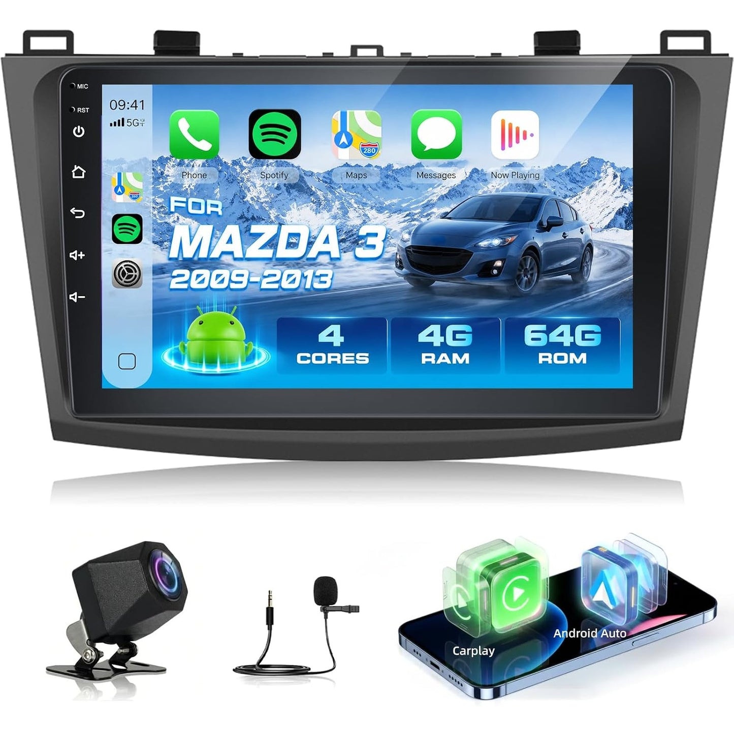Mazda 3 2009-2013 Android Car Stereo 9" CarPlay Android Auto GPS 4+64G Camera