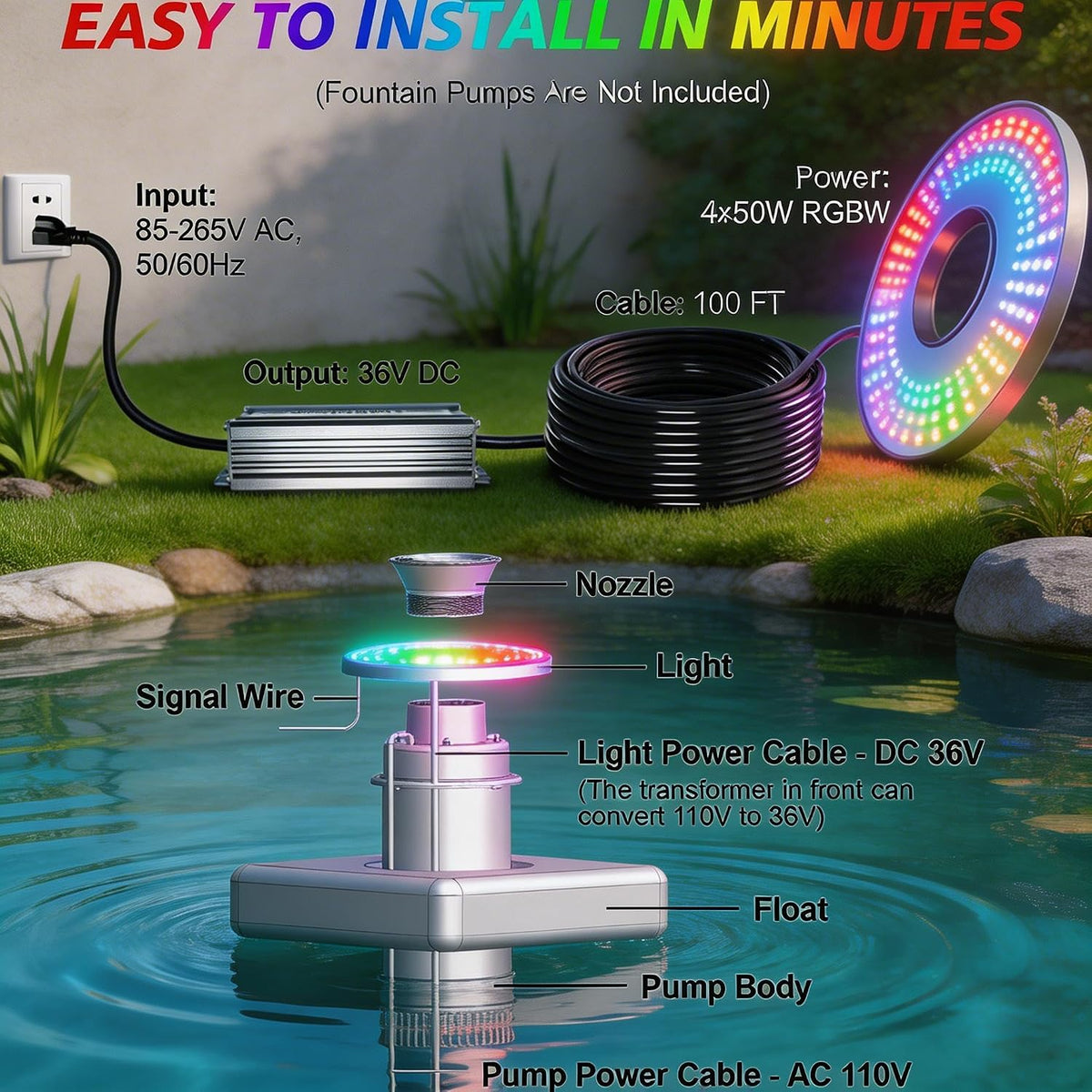 1HP 15000 GPH Pond Fountain Aerator RGB Lights 750W 110V 100FT Cord Timer