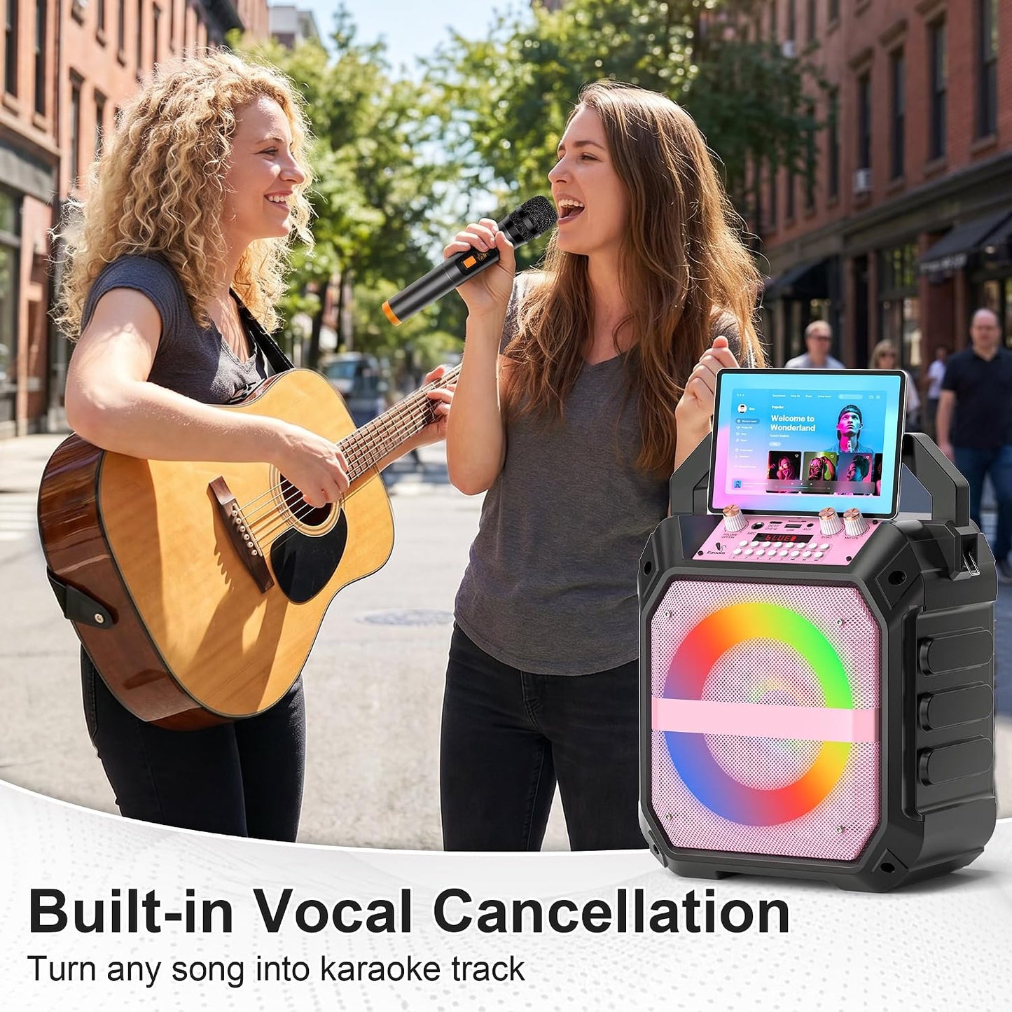 60W Karaoke Machine Wireless Microphones Bluetooth PA Speaker Pink LED Lights