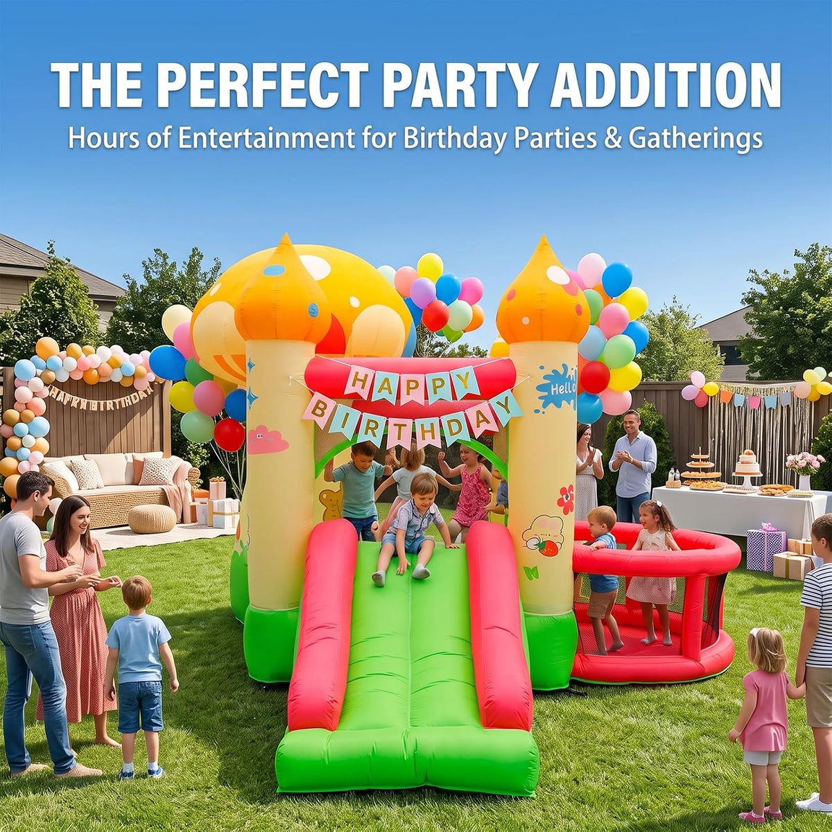 Inflatable Bounce House w/ Slide, Ball Pit, Blower Kids Bouncy Mushroom Castle